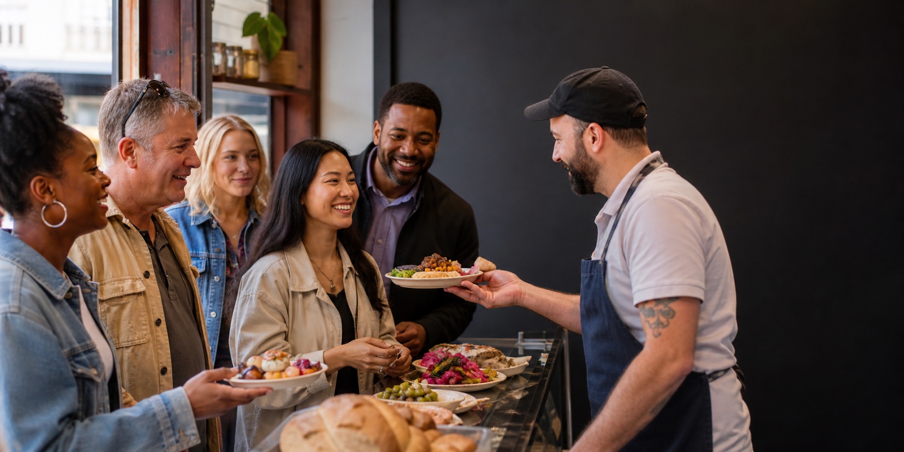 A chef serving a diverse food tour group at a neighborhood market counter