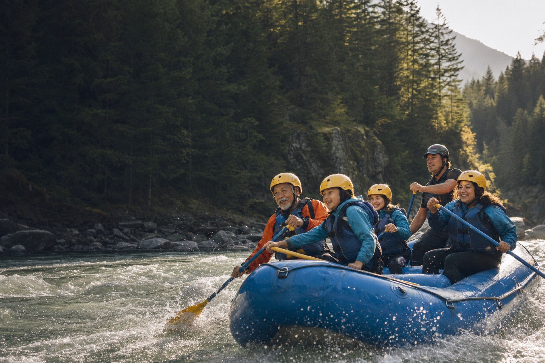 A rafting group on a forested river