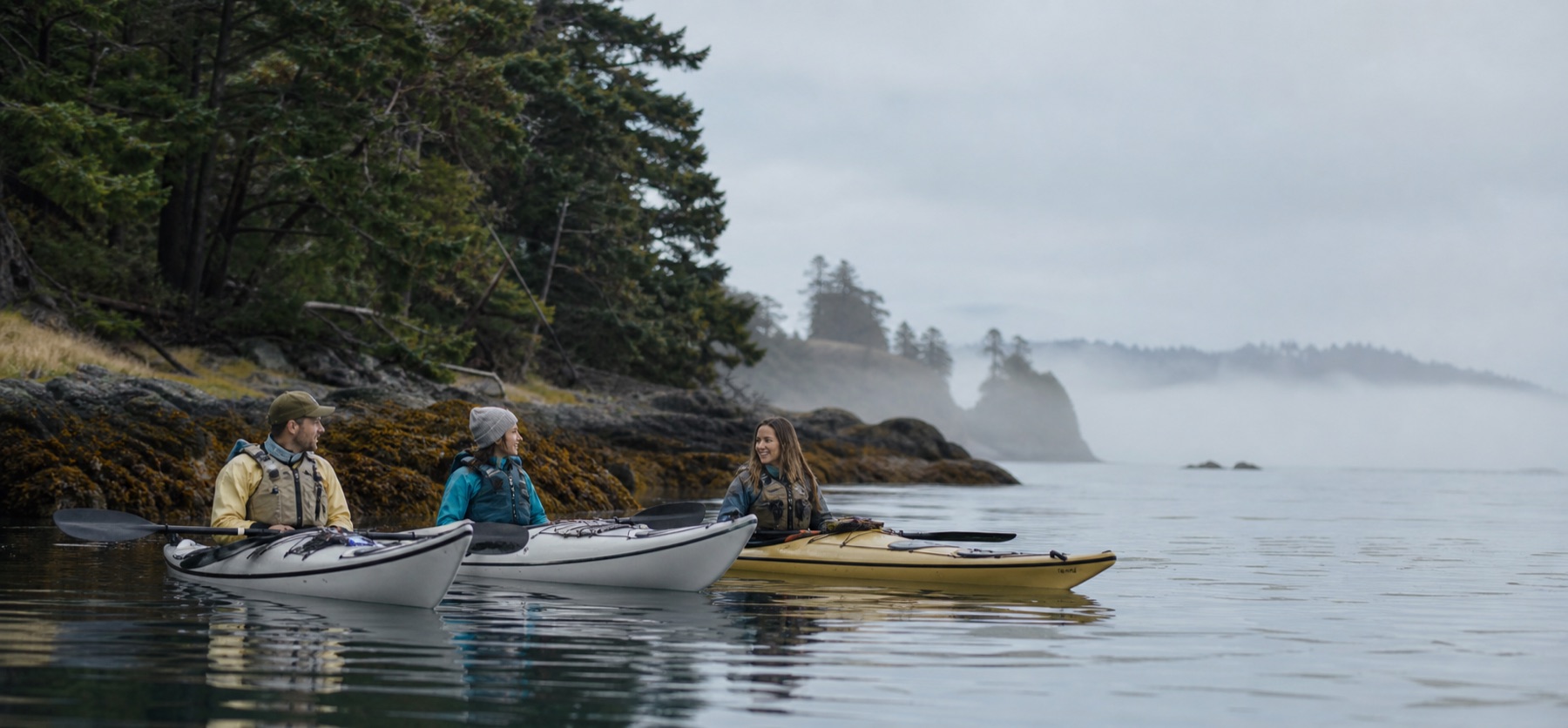 Sea kayakers beside a misty shoreline