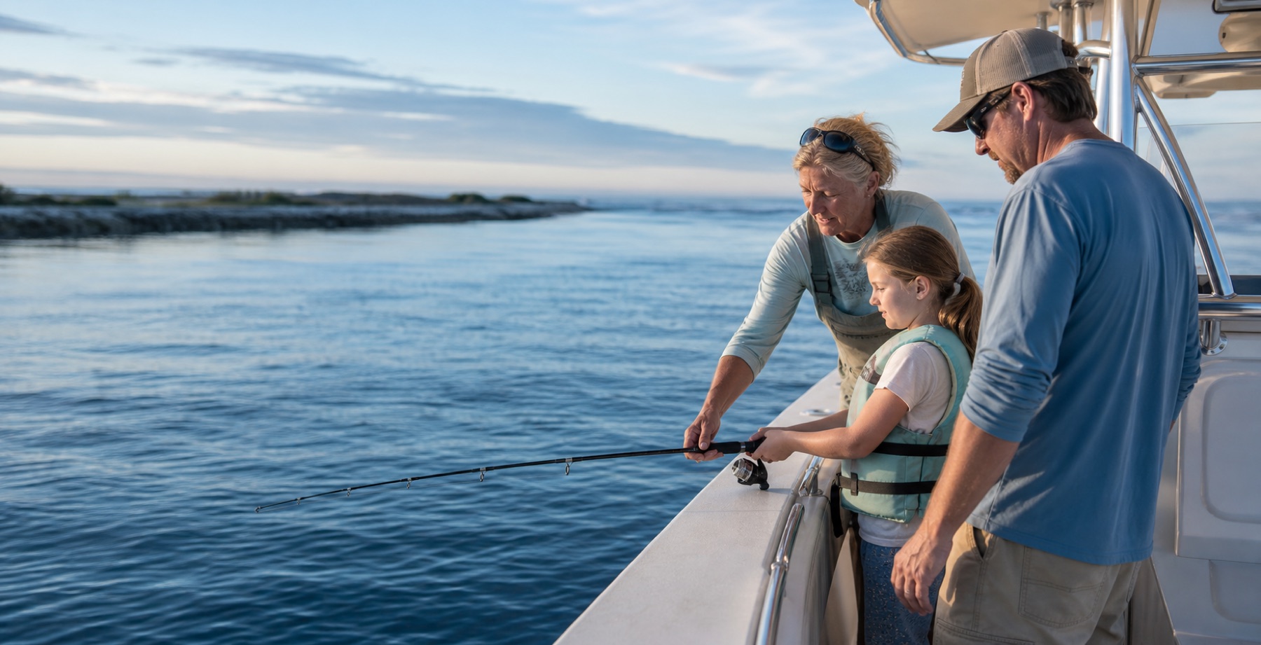 A captain helping a child and parent use a fishing rod on a coastal boat