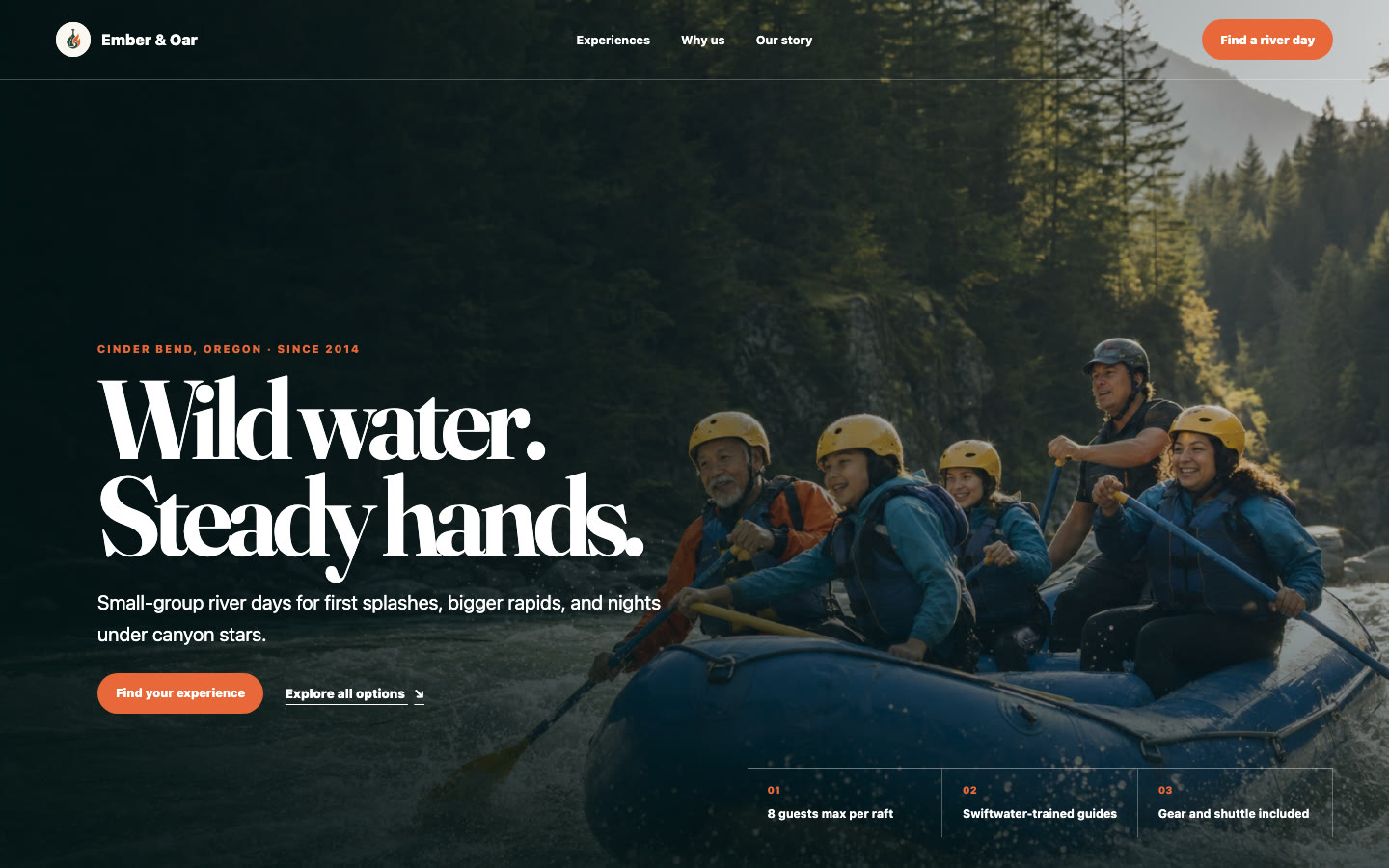 Ember and Oar website with a cinematic rafting hero, clear experience navigation, and booking calls to action