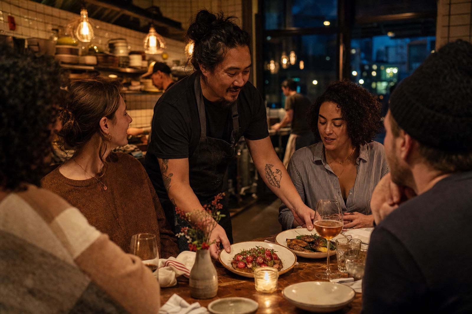 A chef setting shared plates before guests in a warmly lit independent restaurant with an open kitchen