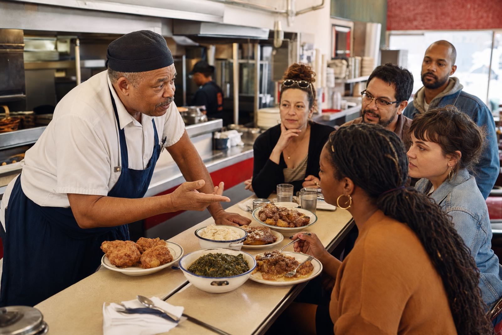A local cook explaining generous regional dishes to guests gathered around a neighborhood lunch counter