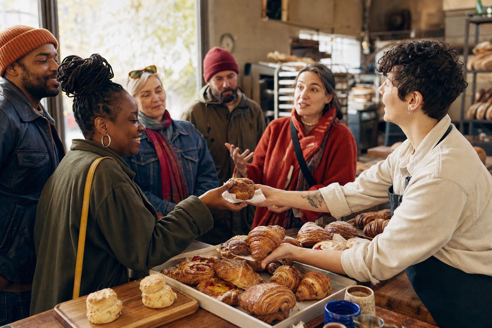 A neighborhood baker handing a fresh pastry to a guest while a small food-tour group gathers at the counter