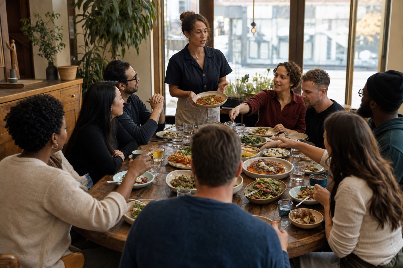 A private group sharing varied neighborhood dishes around a long wooden table as their guide introduces a plate