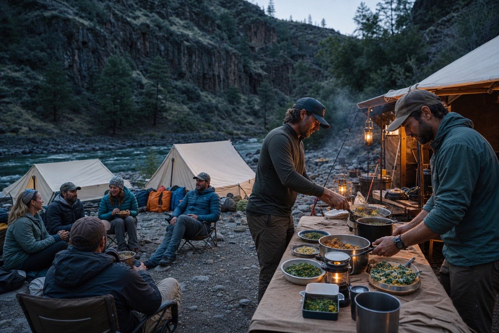 Two guides preparing dinner for guests at a compact riverside expedition camp