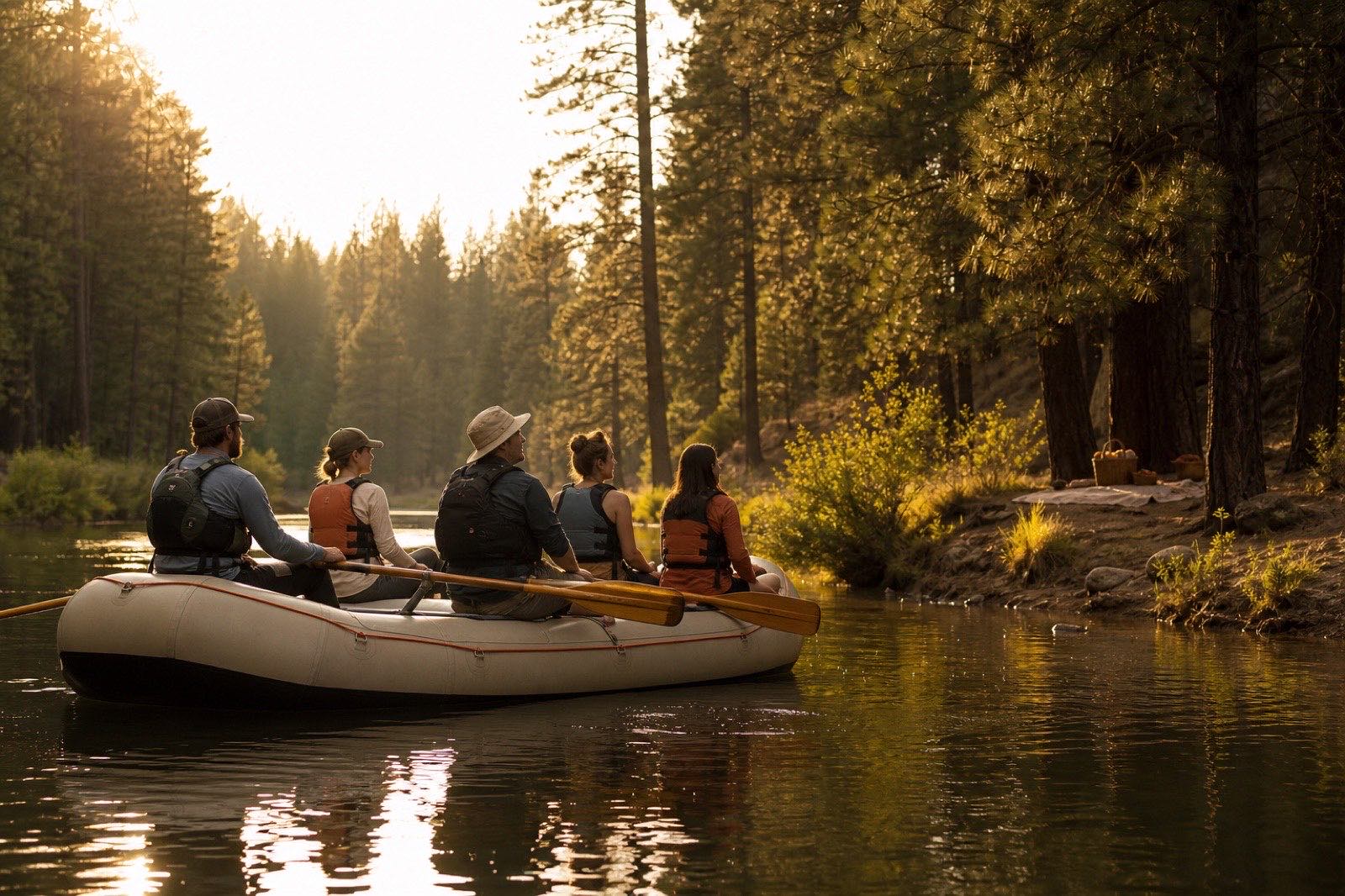 A small group drifting toward a quiet riverside picnic landing in warm evening light