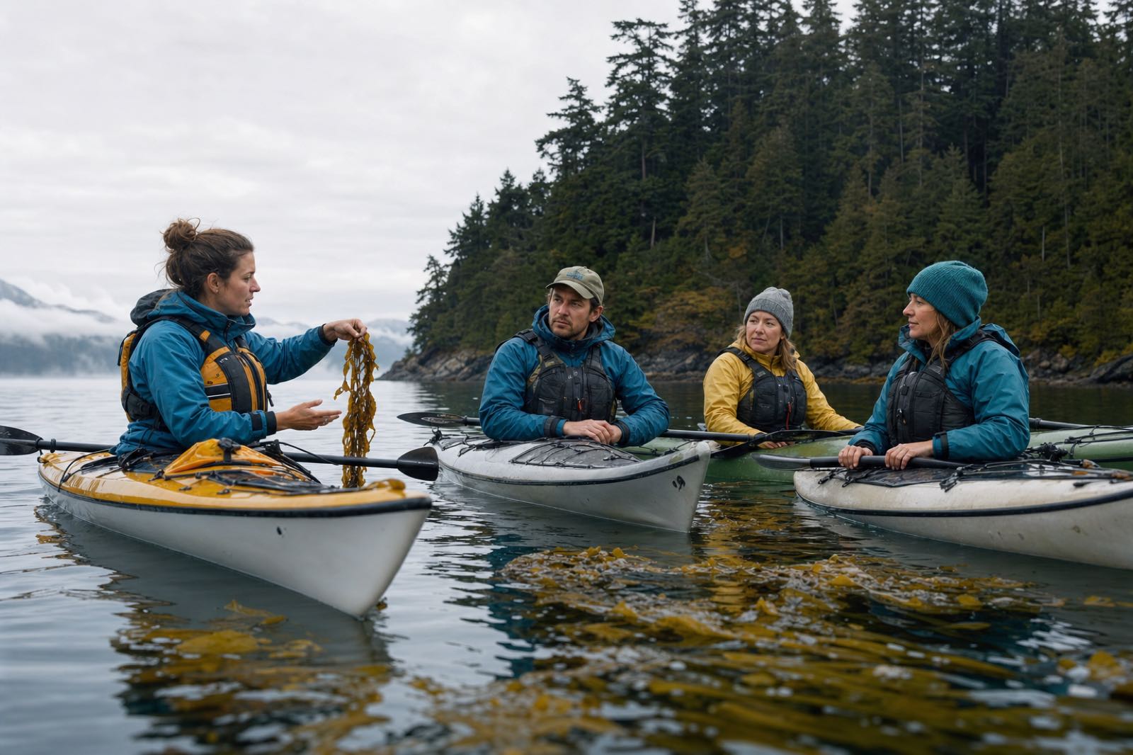 A marine educator showing kelp to three guests from stable sea kayaks near a misty island shoreline