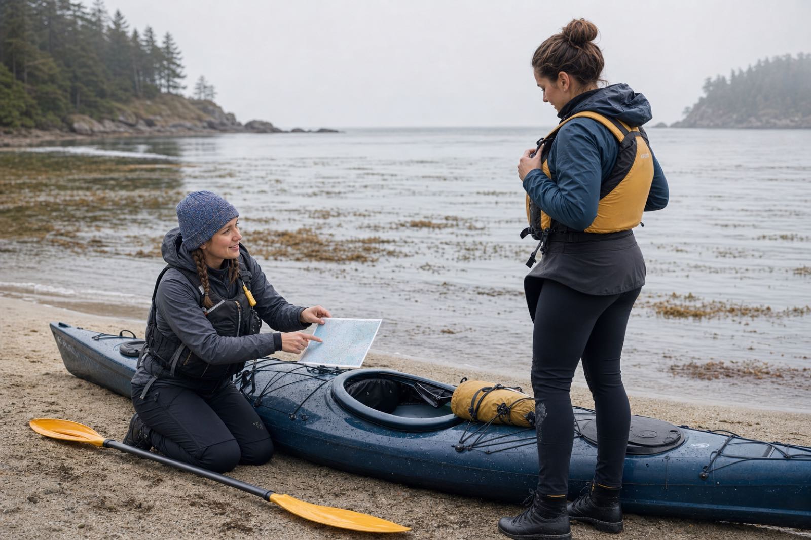 An outfitter reviewing a waterproof route card with a renter beside a touring kayak on the beach