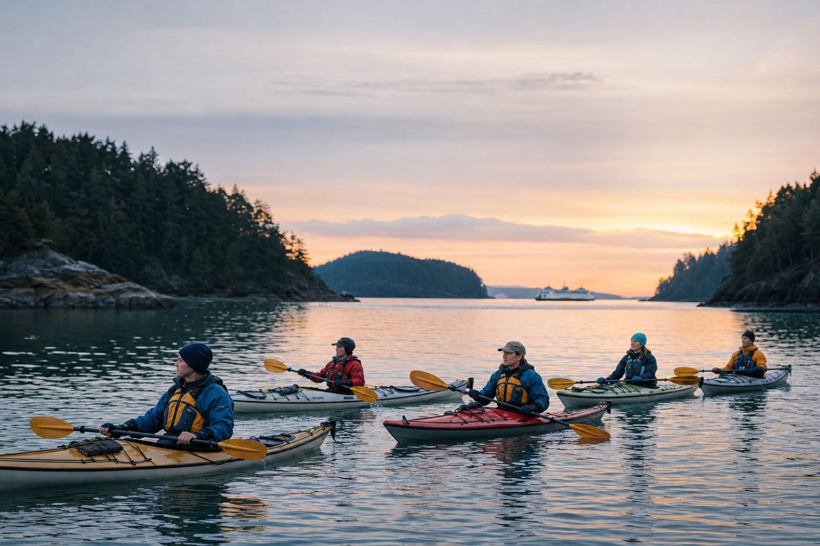A guide and four guests paddling sea kayaks across a protected bay at sunset
