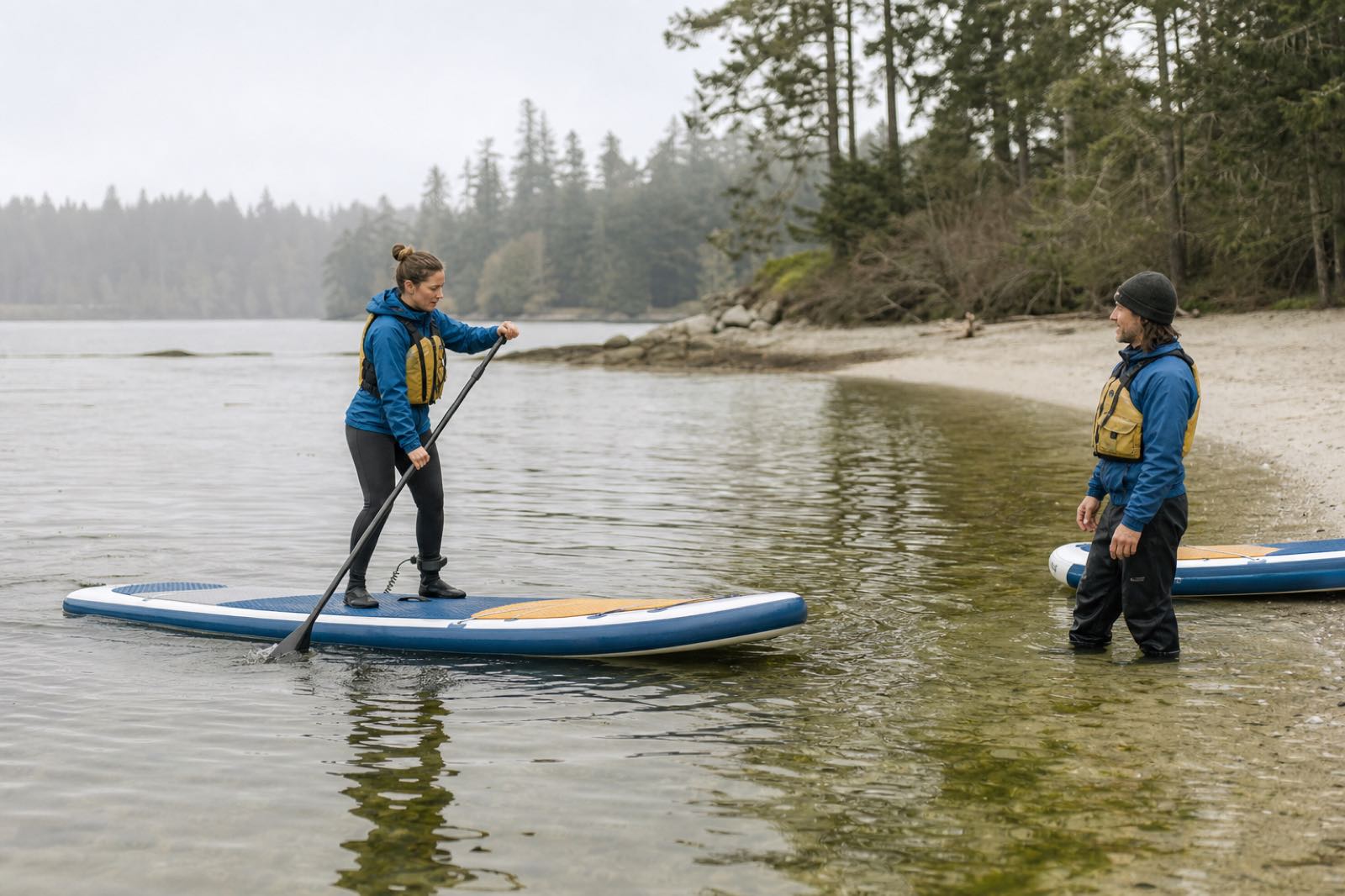 A beginner paddling a wide stand-up paddleboard while a coach watches from shallow water
