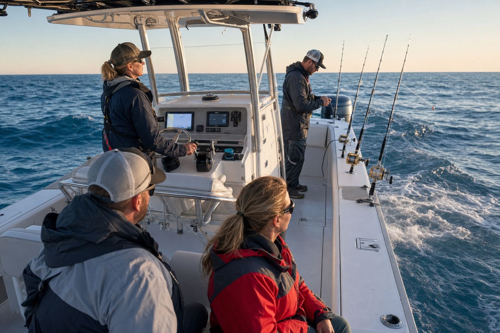 A woman captain at the helm while her deckhand checks an organized trolling spread on open Atlantic water