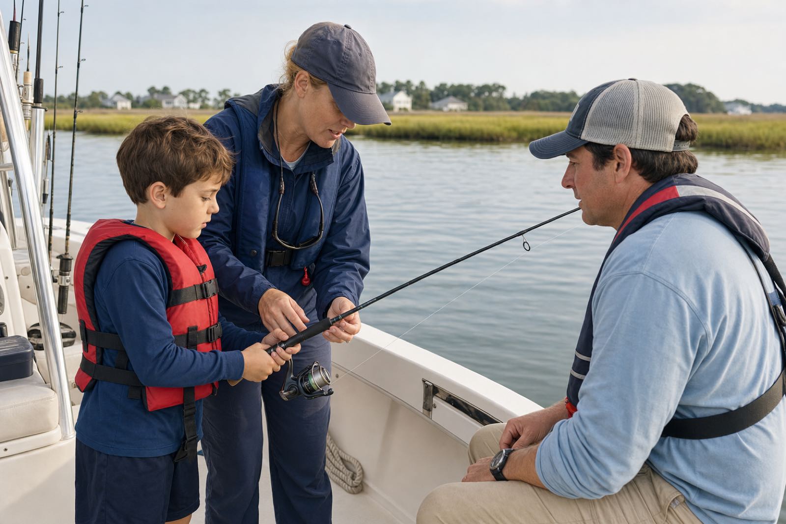 A woman captain showing a child how to hold a spinning rod while the child’s parent watches on calm sound water