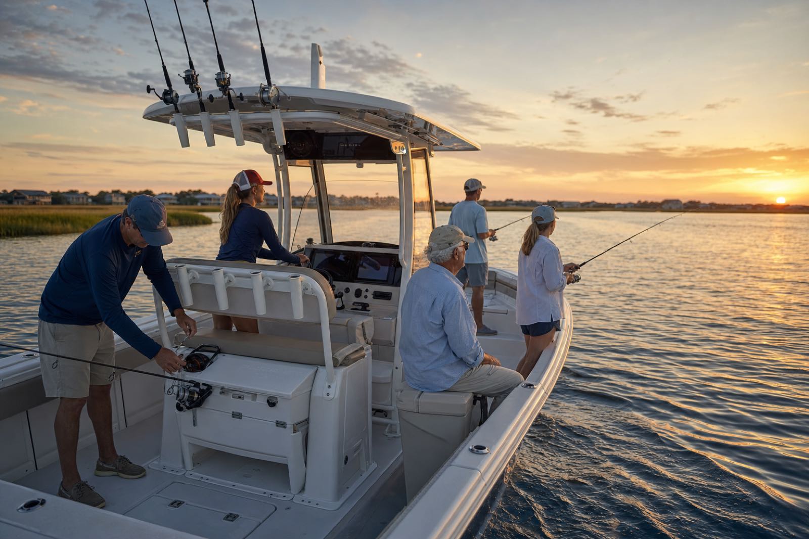 Guests making relaxed evening casts from a center-console boat as a deckhand tidies gear at sunset