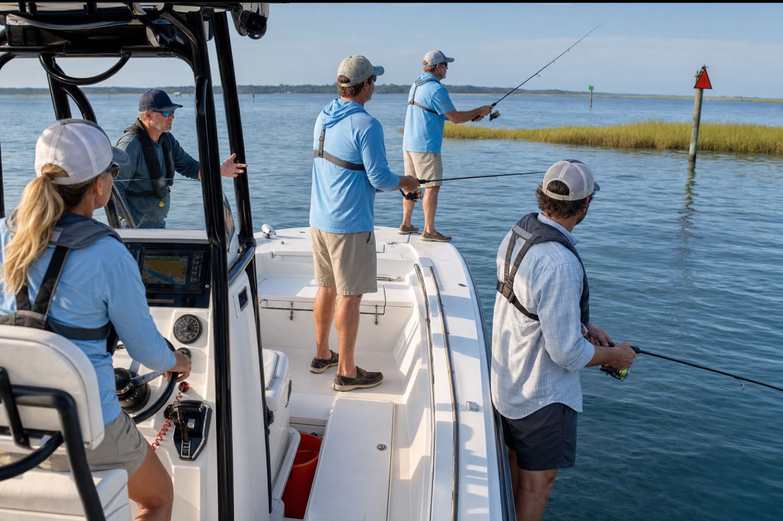 Three guests casting from safely spaced positions while the captain and deckhand guide a calm inshore charter