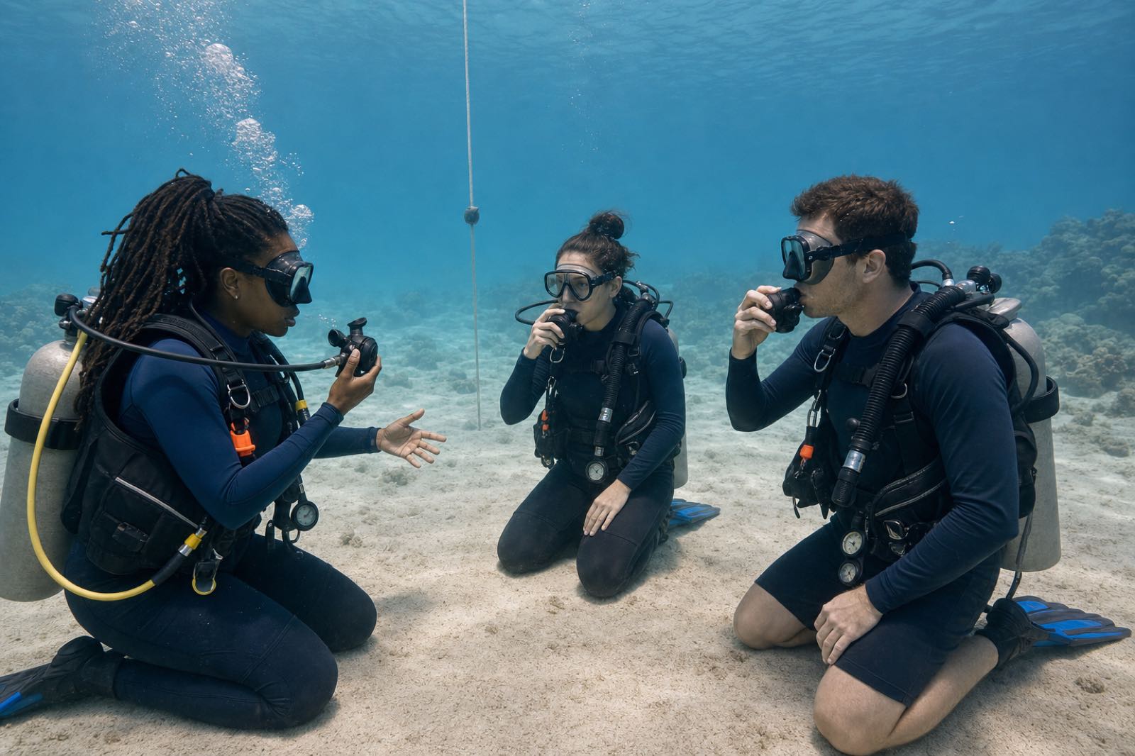 An instructor coaching two students through regulator skills in a controlled shallow-water training area