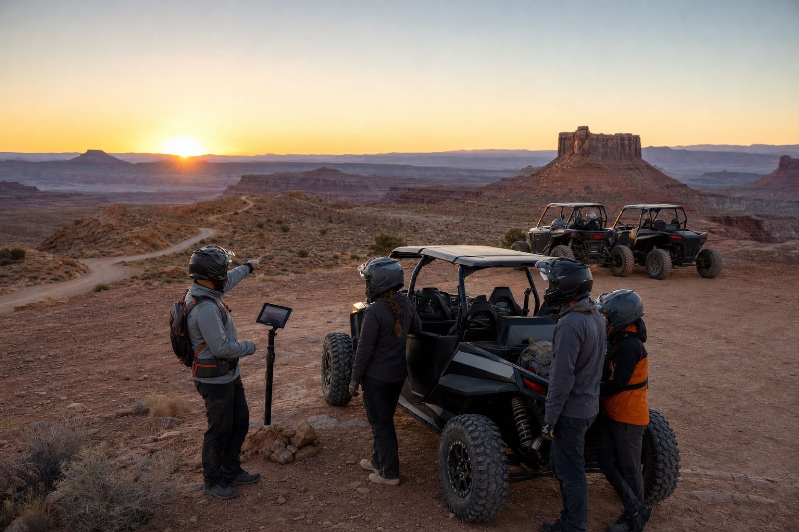 A mechanic-guide interpreting the sunset landscape for guests beside three parked UTVs at a safe desert overlook